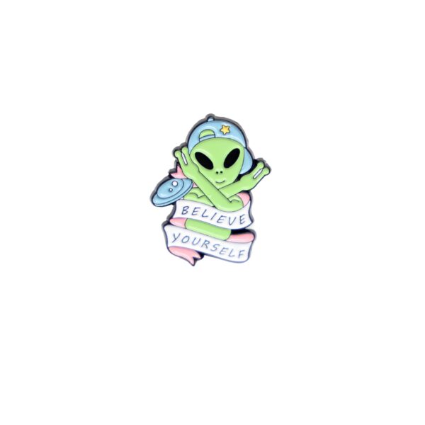 Alien believe yourself enamel pin green with blue hat. 