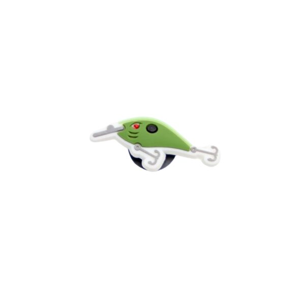 Green bait shoe charm which is a fishing bait in olive green.
