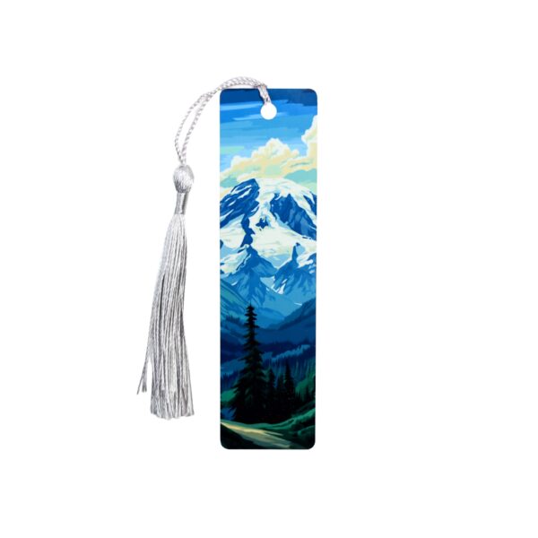 Mount Rainier National Park bookmark with glacier capped mountain and trees.